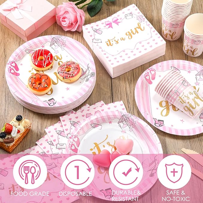 Hushee 200 Pcs It's a Girl Baby Shower Paper Plates Napkins Cups Baby Shower Party Supplies Tableware Set Disposable Cup Napkin for 50 Guest Party Decoration