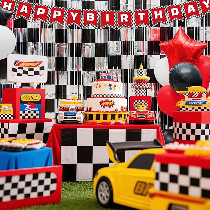 Race Car Birthday Party Decoration, 1 Pack Race Car Party Backdrop Photo Booth Prop, Black and Silver Checkered Fringe Curtains Tinsel Photo Streamers for One Happy Dude Race Car Theme Party Supplies