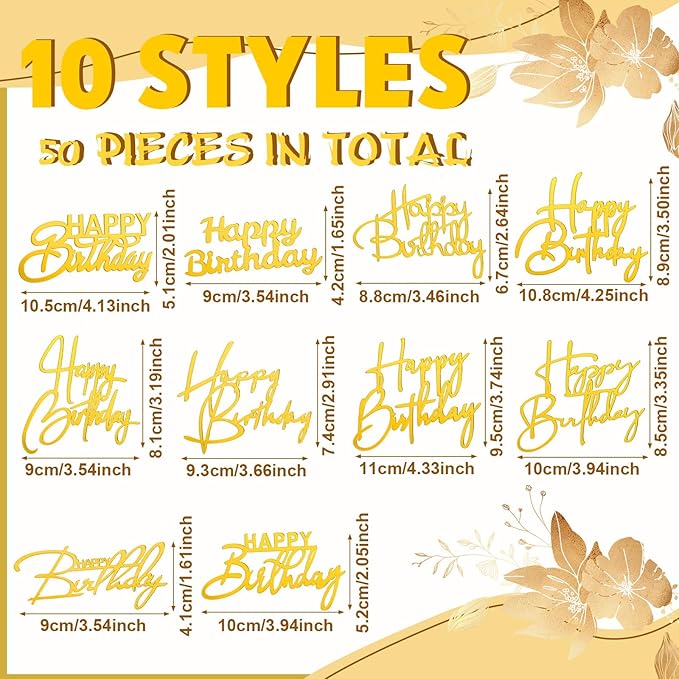Barydat 50 Pcs Happy Birthday Cake Toppers Bulk Mirror Acrylic Cupcake Topper Cupcake Decorations Happy Birthday Sign for Cake Side Inserts Decor Party Supplies 10 Style(Gold)