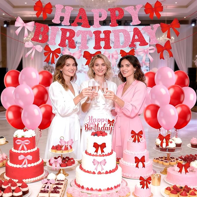 Red Pink Bow Birthday Party Decorations Bow Happy Birthday Banner Pink Red Balloons Cake and Cupcake Toppers for Girls Women Coquette Bday Wedding Bridal Valentine's Day Baby Shower Party Supplies