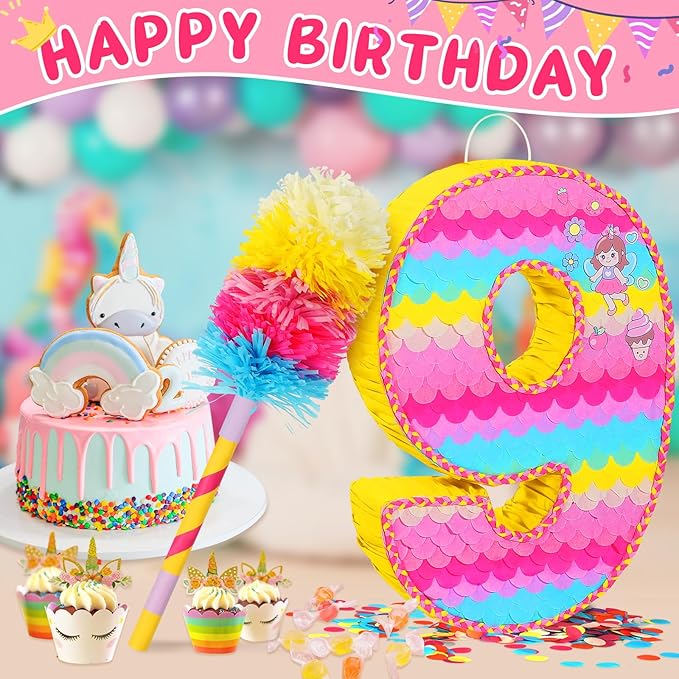 Number 9 Pinata for Birthday Party Decorations, Unicorn Mermaid Theme Pink Piñata Games Toy (9th)