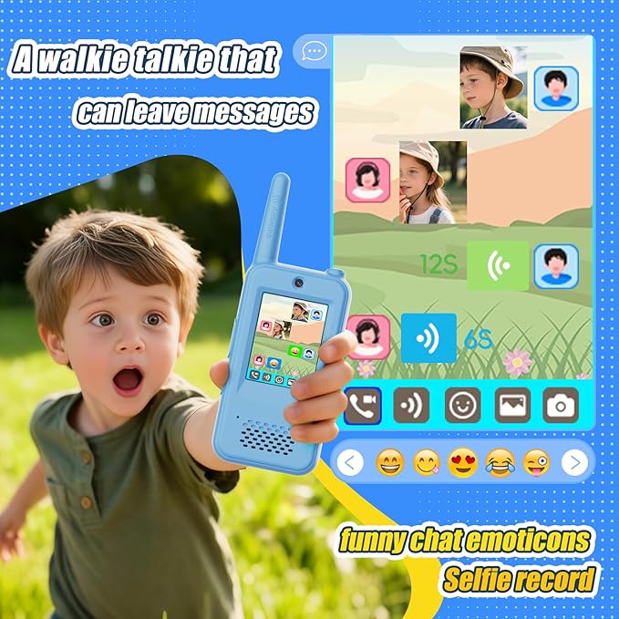 Video Walkie Talkies for Kids with 6 Voice Effects, Support Send Voice, Pictures, Emojis, and Selfies, Christmas Birthday Gifts for Kids Indoor Outdoor Camping(Blue/Blue)