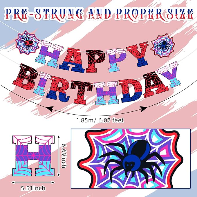 Oudain Spider Theme Birthday Banner Decorations Pre-strung Spider Web Happy Birthday Banner Flags Sign Cartoon Backdrop Party Supplies Favors(Red Purple Blue)