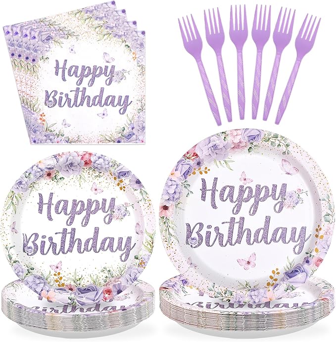 96Pcs Purple Floral Birthday Party Decorations Spring Purple Flowers Birthday Plates and Napkins Sets Flower Butterfly Decorations for Women Girls Lady Rose Shower Party Supplies Serves 24