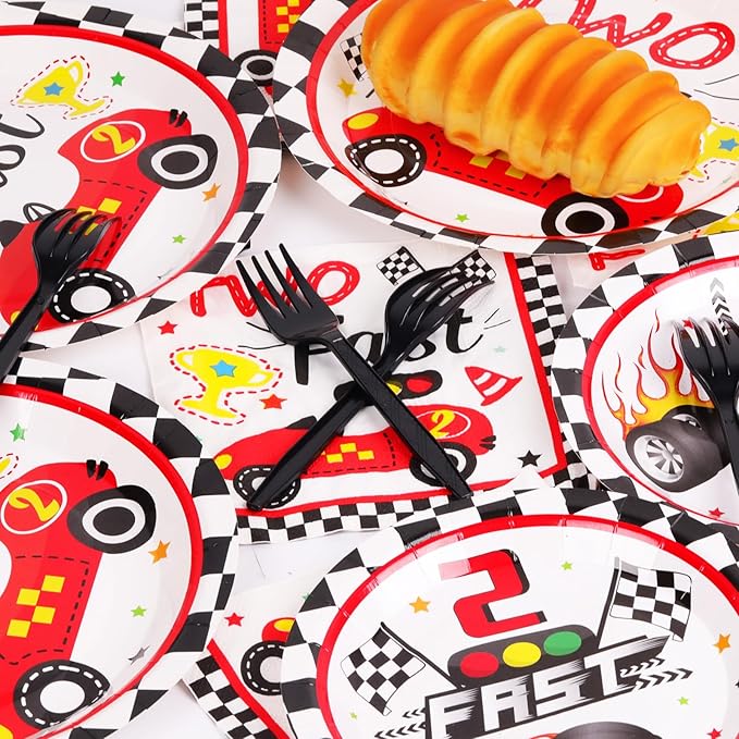 50 Guests Two Fast Birthday Plates and Napkins Party Supplies Racing Car Party Decorations Disposable Tableware Set Race Car Dinnerware Favors,200PCS