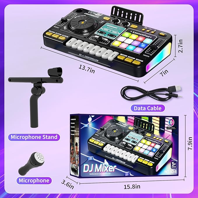 Kids DJ Mixer Board Controller Toy Set with Turntable, Piano Keys, Microphone & Bluetooth - Musical Instrument Toy for Toddlers, Babies & 3-8 Year Old Boys & Girls - Birthday (Black)