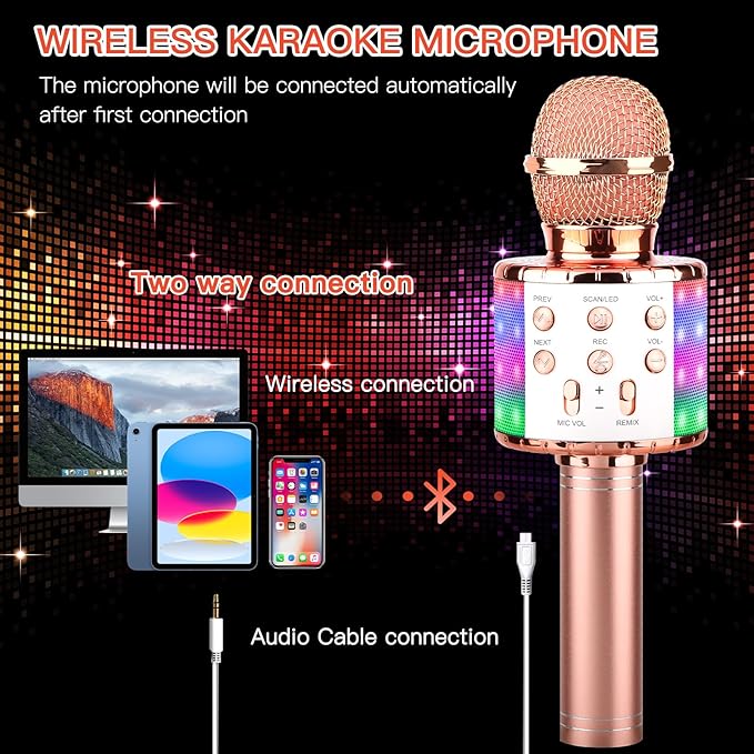 ShinePick Karaoke Microphone, 4 in 1 Wireless Microphone with LED Lights Handheld Portable Karaoke Machine, Home KTV Player, Compatible with Android & iOS Devices(Pink)