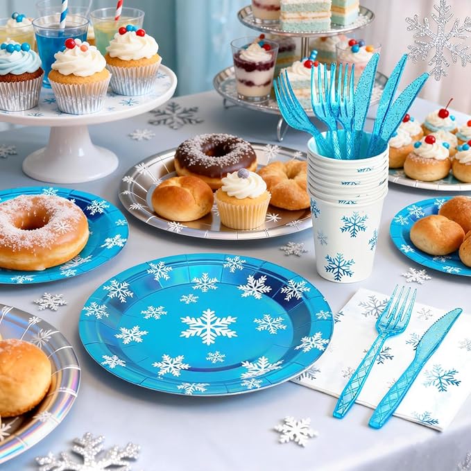 144Pcs Snowflake Frozen Birthday Party Supplies Decorations Laser Paper Plates Napkins Vintage Party Tableware Disposable Snow Dinnerware Set for Kids Birthday Baby Shower Table Decor, Serve 24