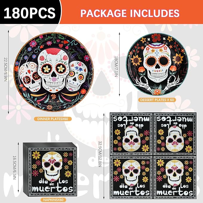 180Pcs Day of the Dead Party Plates and Napkins Set,Sugar Skull Tableware Decors Mexican Fiesta Theme Party Decorations for Day of The Dead Halloween Birthday Party Supplies,Serve 60 Guests