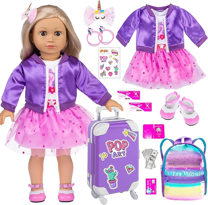 ebuddy 18 Inch Doll Clothes and Accessories School Supplies Playset and Makeup Accesscories Doll Travel Suitcase Set Including Coat,Dress,Suitcase,Hairpin,Hair Ring,Stickers,Makeup Set (No Doll)