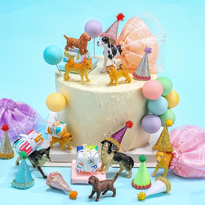 Weysat 41 Pcs Puppy Dog Cake Topper Figures Birthday Party Decorations with Mini Hat and Skirt, Colorful Balls, Jungle Toppers Decoration with Gift Boxes for Puppy Animals Themed Party (Pet)