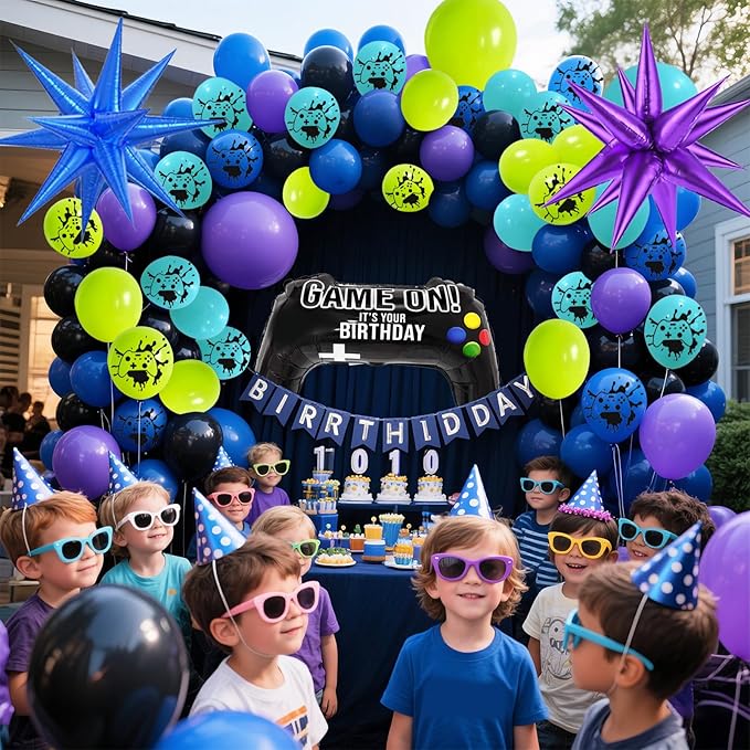120 Pcs Video Game Balloon Garland Arch Kit, Black Blue Purple Light Green Balloons For Cartoon Gaming Night Themed Birthday Decorations Boys Kids Gatherings Party Supplies