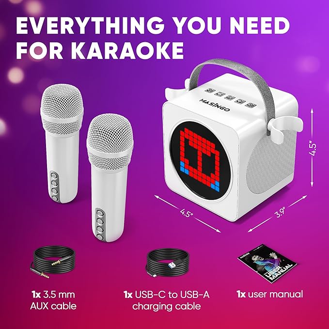 MASINGO Portable Mini Karaoke Machine for Kids and Adults with Dual Wireless Bluetooth Microphones, Animated LED Display, USB/Aux/MicroSD, Voice Effects, Fun Karaoke Toy for Girls and Boys, Animato S1