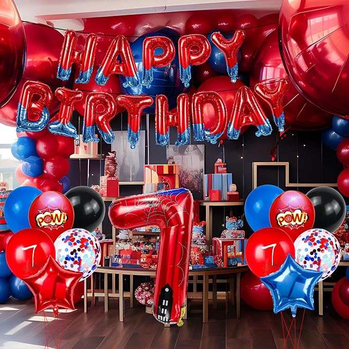 Cartoon Hero 40 Inch Red and Blue Spider Theme Number Foil Birthday Decoration Balloon, Spider Theme Happy Birthday Banner Party Decoration Balloon, Letter Logo Superhero Party Supplies (7)