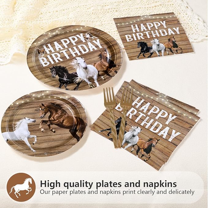 96Pcs Horse Birthday Decorations Racing Horse Plates and Napkins White Brown Black Horses Birthday Decorations Favors for Cowboys Cowgirls Western Theme Bday Baby Shower Party Supplies Serves 24
