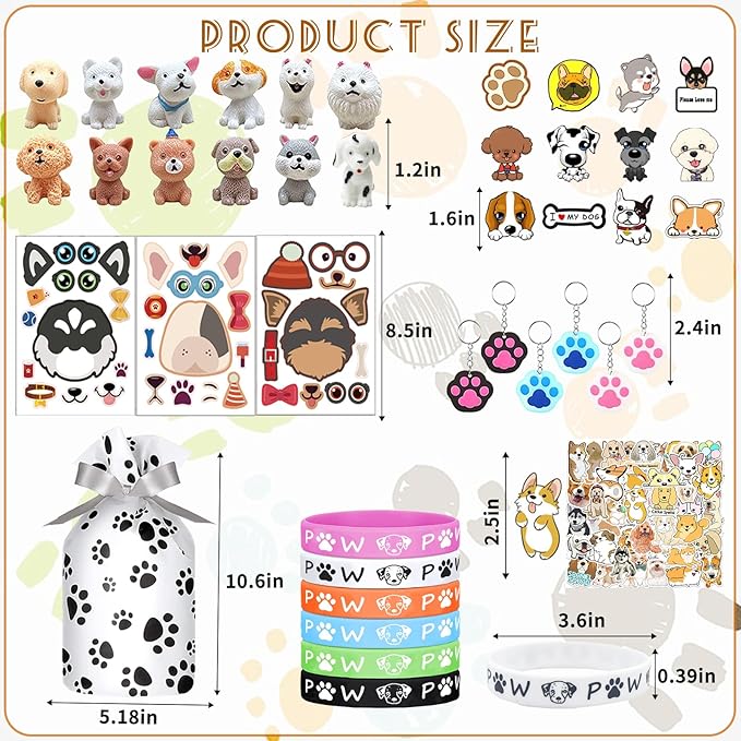 122Pcs Dog Party Favors Gift Set for Kids Dogs Birthday Party Supplies Include 12 Dogs DIY Face Stickers 12 Dogs Bags 12 Keychains 12 Bracelets 50 Stickers for Puppy Parties Favors