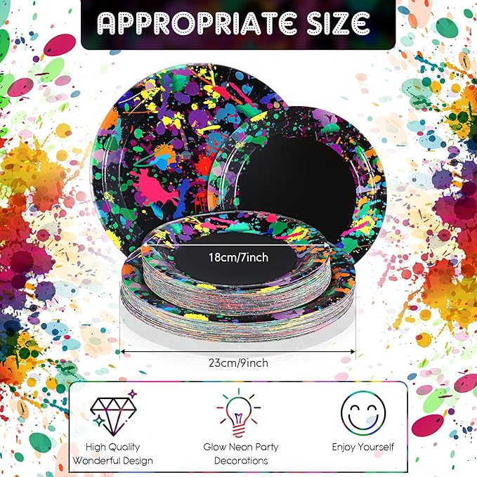 Baderke 48 Pcs 9 Inch and 7 Inch Neon Plates Glow in The Dark Party Supplies Paper Neon Disposable Plates Colorful Tableware for Birthday Wedding Baby Shower