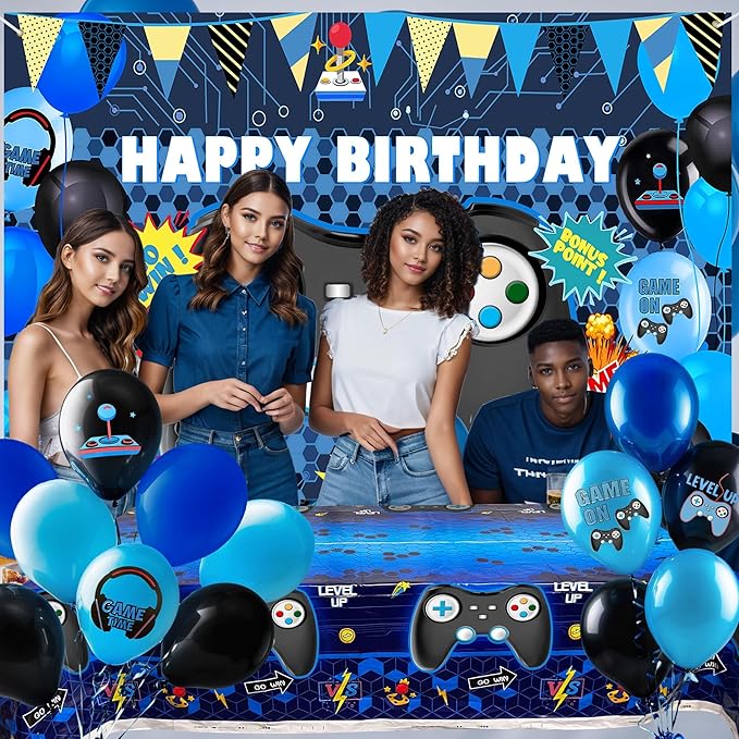 15 PCS Complete Video Game Party Decoration Set 1 Backdrop 1 Tablecloth 13 Latex Balloons and More Perfect for Gamer Party Supplies Boys and Girls Birthday Celebration