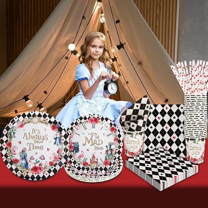 Alice in Wonderland Birthday Party Decorations, 120Pcs Tea Themed Party Supplies Tableware Includes Paper Plates, Napkins, Cups and Straws, Serves 24