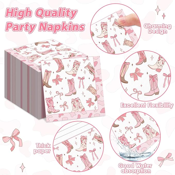 96Pcs Coquette Bow Cowgirl Happy Birthday Party Supplies Western Cowgirl Plates and Napkins Disposable Pink Bowknot Rodeo Tableware Bachelorette for Kids Set Decorations Favors Baby Shower Serve 24