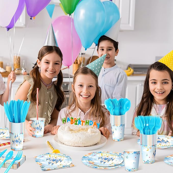 Meanplan 168 Pcs Prince Princess Party Decorations Blue Castle Plates Napkins Cups Fork Spoon Knives Disposable Tableware Set for Girl Boy Baby Shower Birthday Party Supplies Serves 24 Guest