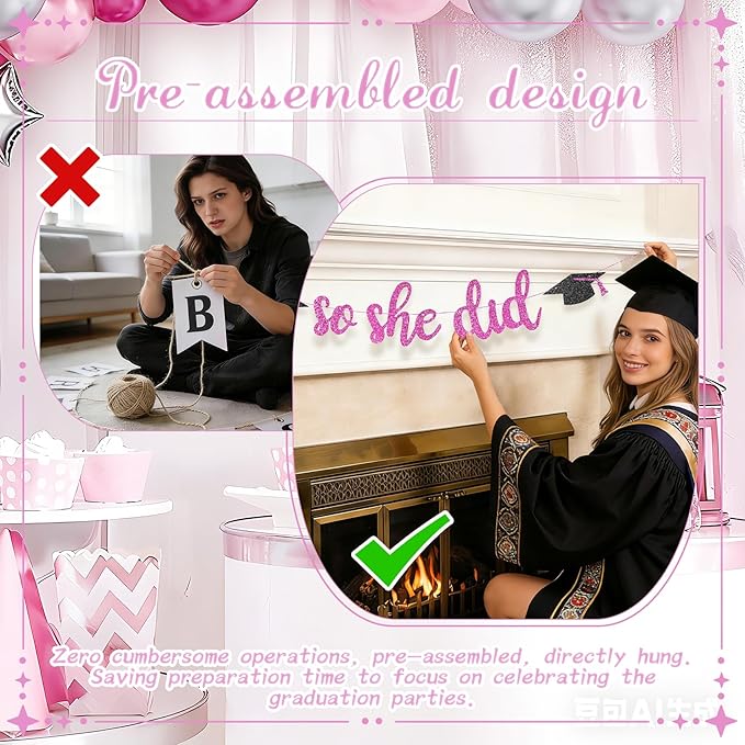 She Believed She Could So She Did Banner - Pre-Strung Glitter Graduation Decorations 2026 for Women Girls, Inspirational Grad Party Supplies, Class of 2026 College High School Masters PhD Decor (Pink )