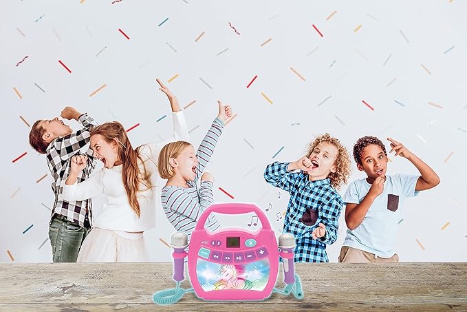 LEXiBOOK Unicorn - Portable Karaoke Digital Player for Kids – Microphones, Light Effects, Bluetooth, Record and Voice Changer Functions, Rechargeable Battery, Pink, MP320UNIZ