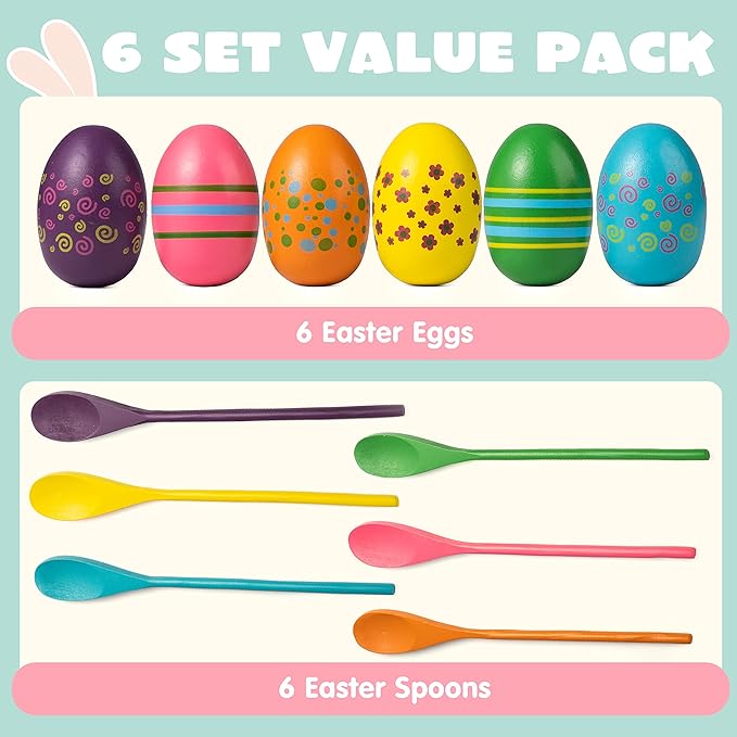 JOYIN Easter 12PCS Egg and Spoon Race Game Set, 6 Woodeen Egg and Spoons with Assorted Colors Outdoor Games, Party Favor Supplies