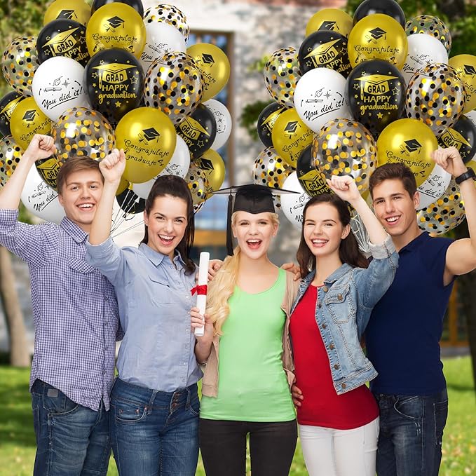 Graduation Party Decorations Balloons Set, 50PCS 12 Inch Black Gold White Confetti Party Latex Balloon for Class Of 2025 Graduation Party Decoration Supplies