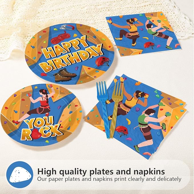 96 Pcs Rock Climbing Plates and Napkins Climbing Birthday Party Supplies Adventurer Climber Sport Tableware Set for Kids Adults Sports Theme Birthday Party Supplies, Serves 24