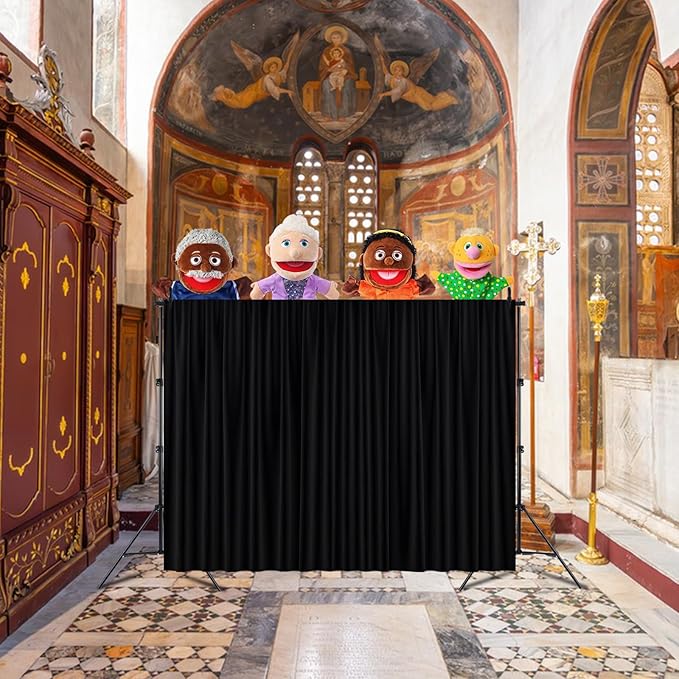 Classroom Puppet Stage, 6.6x9.8FT Portable Tripod Puppet Theater Portable Stage for School, Church, Equipped with Two Tripods, Crossbars, Curtains and Carrying Bags（Doll not Included）