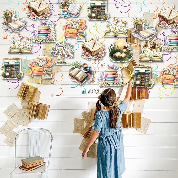 30CT Book Themed Hanging Swirls Party Decorations Vintage Book Party Decor Reading Lover Book Club Ceiling Streamers Book Sign Library Bookworm Supplies for Birthday Baby Shower Reading Party
