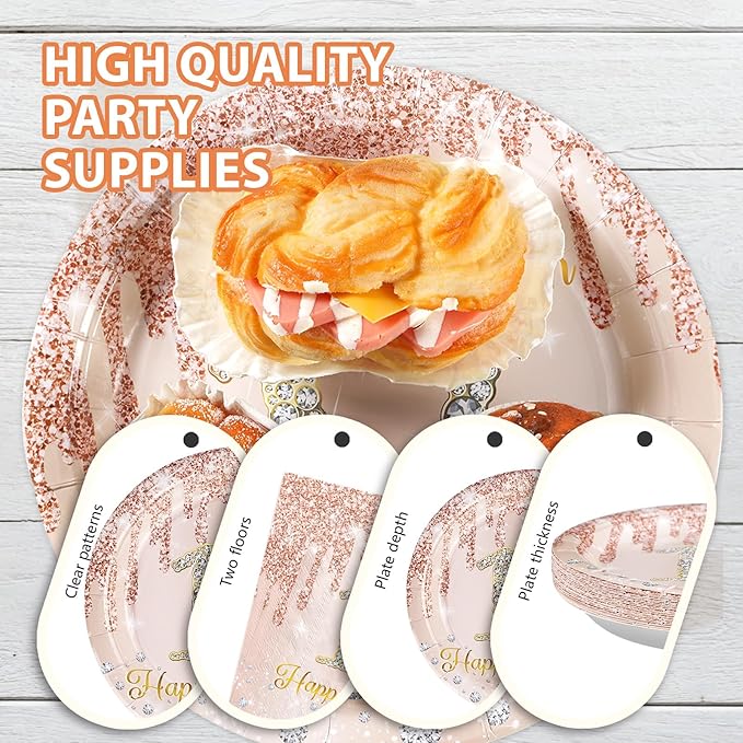96 PCS 17th Birthday Party Decorations Rose Gold 17 Years Old Birthday Party Plates and Napkins Disposable 17th Birthday Paper Tableware Set for Girls Seventeen Birthday Party Supplies, Serves 24