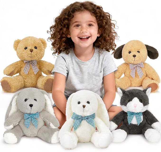 MaoGoLan 5 Pack Soft Stuffed Animals Bulk for Easter 13'' Cute Plush Toys Party Favors Bundle for Kids Teens Girls - Teddy Bear, Floppy Bunnies, Dog, Cat - Baby Shower Decor