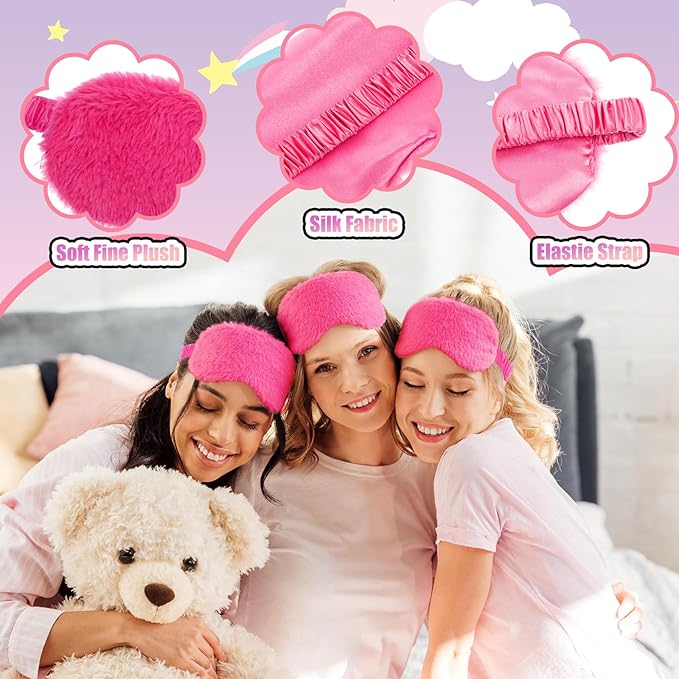 48 Pcs Spa Sleepover Party Supplies 12 Bow Headband 12 Plush Sleep Eye Mask Covers 12 Pair Fuzzy Sock 12 Gift Bags for Sleeping Sleepover Slumber Baby Shower Wedding Party Gift(Rose Red)