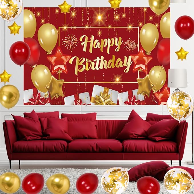 Red and Gold Birthday Decorations for Women Men, 72 Pcs Happy Birthday Banner Backdrop For Boys Girls Red Balloons Arch Kit Tablecloth Confetti Bday Party Supplies Indoors & Outdoors