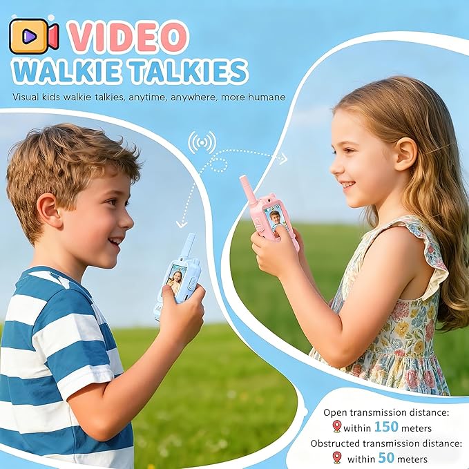 Video Walkie Talkies for Kids Rechargeable, 2 Pack Camera with Screen, Long Range Voice Changer Intercom Toys for Boys Girls 3-12, Outdoor Camping Hiking Christmas Birthday Gifts (Blue+Pink)