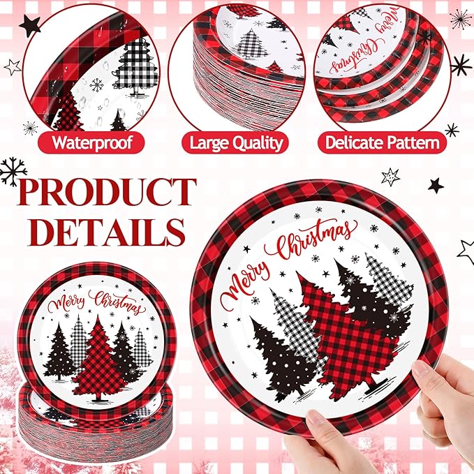 60 Pcs Red Christmas Paper Plates 9 Inch Xmas Buffalo Plaid Tree Snowflake Disposable Plates Merry Christmas Tree Themed Tableware for Holiday Xmas Winter Party Decorations Supplies
