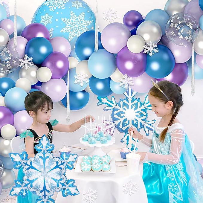 167Pcs Frozenn Balloons Arch Garland Kit, Froozen Birthday Party Decorations Supplies Fringe Curtain Blue Purple Snowflake Balloon for Winter Wonderland Princess Girl Decor