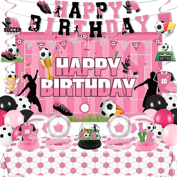 Pink Soccer Decorations for Girls Soccer Happy Birthday Banner Backdrop Balloons Football Plates Napkins Tablecloth Honeycomb Centerpieces Hanging Swirls Decor for Women Sports Party Supplies Serves10