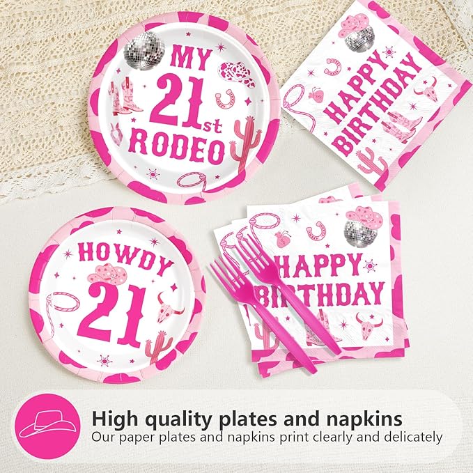 96Pcs My 21st Rodeo Birthday Decorations Western Cowgirl Howdy 21st Birthday Plates and Napkins Disco Cowgirl Decoration Favors for Girls 21 Years Old Bday Western Theme Party Supplies Serves 24