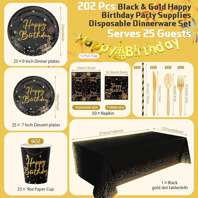 Sawysine 202 Pcs Black and Gold Happy Birthday Party Supplies Disposable Dinnerware Set 50 Plates 25 Cups 25 Napkins 25 Plastic Forks 25 Knives 25 Spoons 25 Straw Flag Tablecloth to Serve 25 Guests