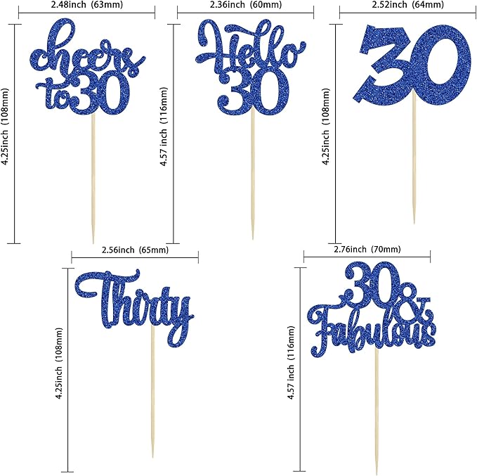 30Pcs Happy 30th Birthday Cupcake Toppers Deep Blue Glitter Thirty Cheers to 30 Birthday Cupcake Picks for Happy 30th Birthday Anniversary Party Cake Decorations Supplies