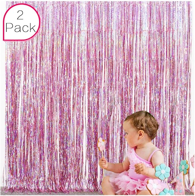 Pink Tinsel Foil Curtain Unicorn Party Supplies Fun Photo Booth Backdrop Props for Baby Shower Wedding Girls Birthday Iridescent Party Decorations(2 Packs, 3.2 * 6.5 Ft)