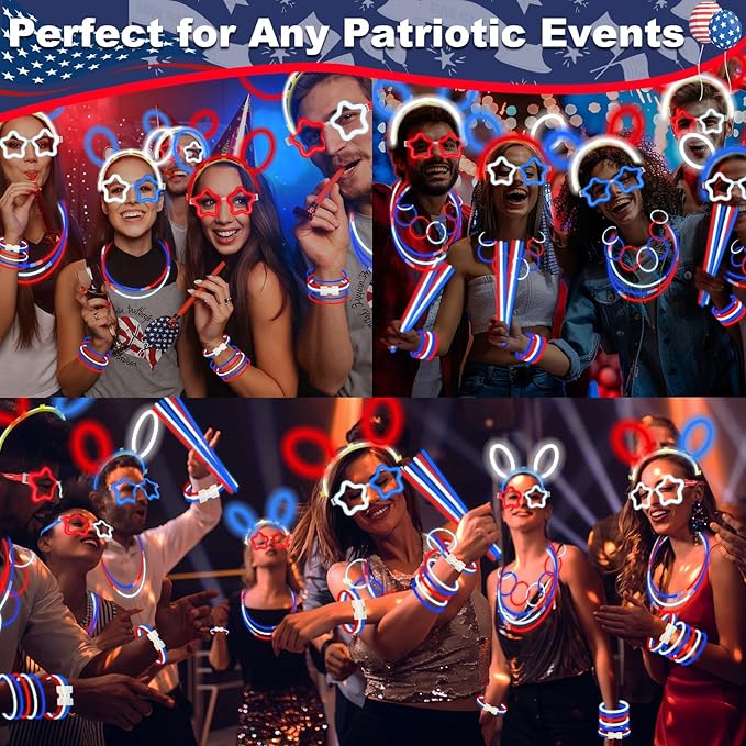 180 Pcs 4th of July Light Up Party Favors,12 Red White Blue Star Glasses 6 Headbands 12 Bracelets 150 Patriotic Glow Sticks Bulk with Connectors Glow in the Dark Party Supplies 250th Anniversary USA