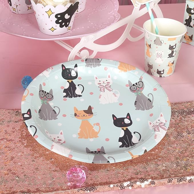 146Pcs Serves 16 Cat Theme Birthday Party Decorations Set,Kitten Disposable tableware,9in/7in Plates,Napkins,Cups,Knives,Forks,Spoons,Cupcake Toppers＆Wrappers Table Cover and Banner Party Favor.