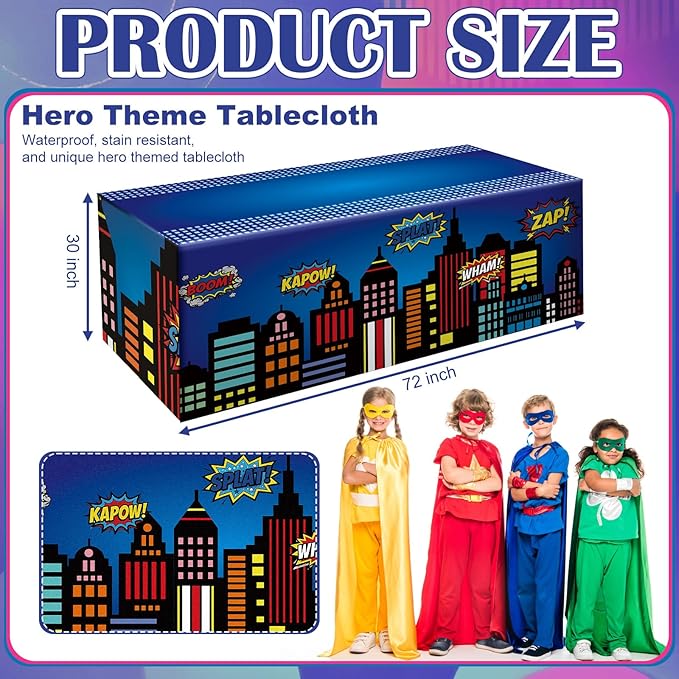 Oudain 6 ft Hero Theme Tablecloth Hero Party Decoration Cityscape Tablecloth 72 x 30 Inches Washable Fabric Polyester Rectangle Table Cover Birthday Party Supplies