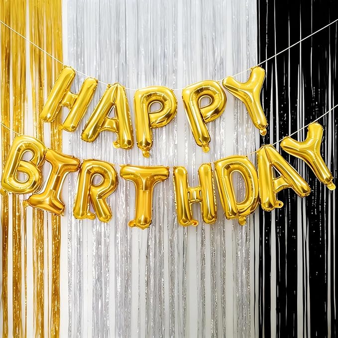 Gold Happy Birthday Balloon Banner, Foil Letter Balloons Party Decoration Sign for Men and Women