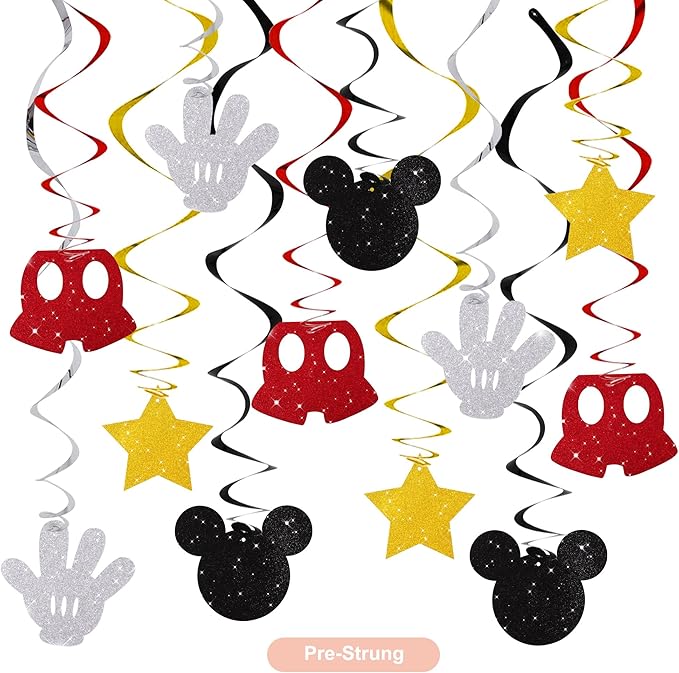 BEISHIDA 16 Pcs Mouse Hanging Swirl Decorations, Pre-Strung Mouse Birthday Party Decorations Red Gold Black Mouse Themed Birthday Party Supplies for Kids