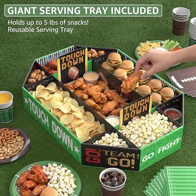 Football Birthday Party Decorations for Boys Serves 24 – Kids Sports Theme Party Supplies with Large Snack Stadium Tray, Plates, Cups, Banner & Tablecloth